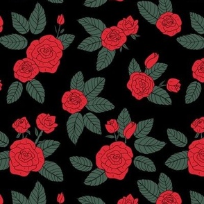 Romantic rose garden retro freehand illustration branches and flowers valentine theme red olive green on black