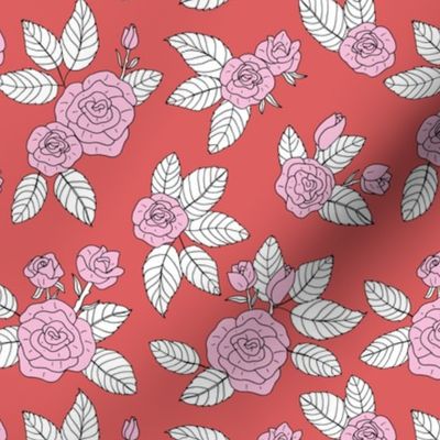 Romantic rose garden retro freehand illustration branches and flowers valentine theme roses red pink white vintage summer