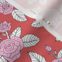 Romantic rose garden retro freehand illustration branches and flowers valentine theme roses red pink white vintage summer