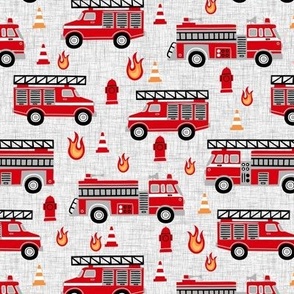 Small Scale / Fire trucks / Light Grey Textured Background 