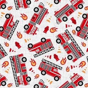 Small Scale / Firetrucks / Tossed / Light Grey Textured Background 