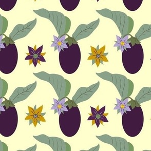 Exotic eggplant and flowers on cream background