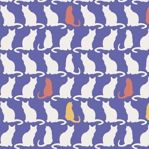 White cat silhouettes on Very peri periwinkle with orange accents