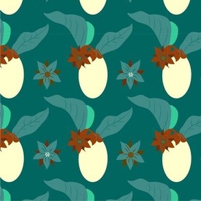 Exotic eggplant and flowers on a turquoise background
