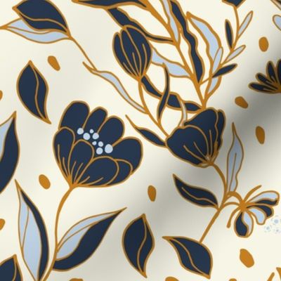 Navy flowers and foliage on light background