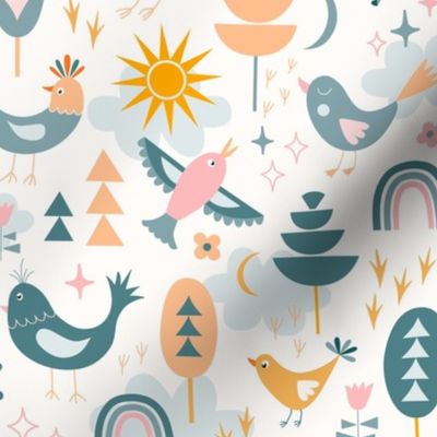 Whimsical Birds, Feathered Friends with trees, sun, clouds in pastels teal, grey, yellow, beige, orange, pink for babies, kids // Med