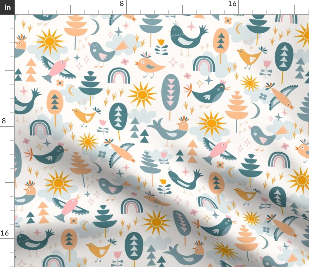 Whimsical Birds, Feathered Friends with trees, sun, clouds in pastels teal, grey, yellow, beige, orange, pink for babies, kids // Med
