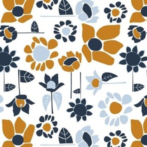 Bold Whimsical Floral in Shades of Blue with Mustard Yellow 