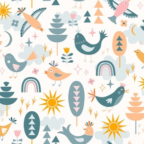 Whimsical Birds, Feathered Friends with trees, sun, clouds in pastels teal, grey, yellow, beige, orange, pink for babies, kids // XLarge