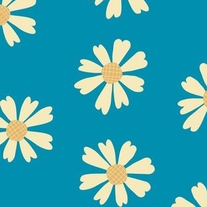 Retro Daisies -  Flowers on Blue - Large Scale