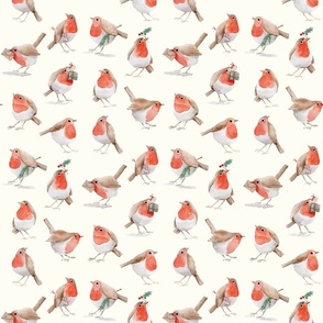 Christmas Robins with Gifts I M size I 9" I on Natural #FEFDF4 