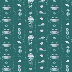 Vertical Lines Sea Creatures I Jellyfish - Crab - Seahorse I M size I 12" I on Teal I Underwater World collection 
