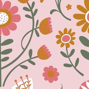 Arts and Crafts Folk Floral - Desert Sun, watermelon and pine on cotton candy - Petal Solid Coordinate