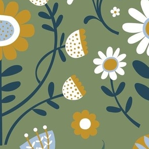 Arts and Crafts Folk Floral - Desert Sun, fog, mustard and Navy on sage - Petal Solid Coordinate