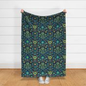 Arts and Crafts Folk Floral - Hot mustard and teal on navy - large scale - Petal Solid Coordinate