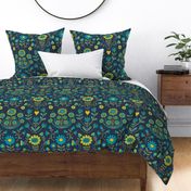 Arts and Crafts Folk Floral - Hot mustard and teal on navy - large scale - Petal Solid Coordinate