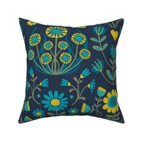 Arts and Crafts Folk Floral - Hot mustard and teal on navy - large scale - Petal Solid Coordinate