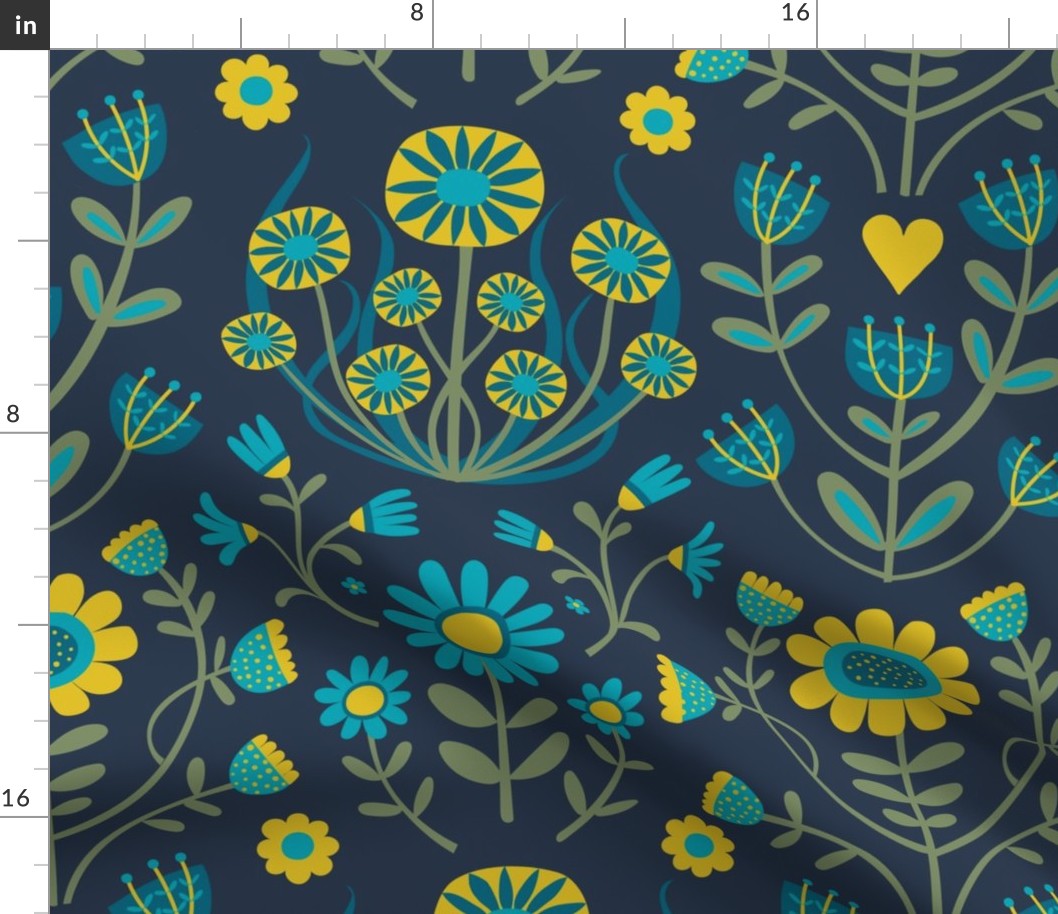 Arts and Crafts Folk Floral - Hot mustard and teal on navy - large scale - Petal Solid Coordinate