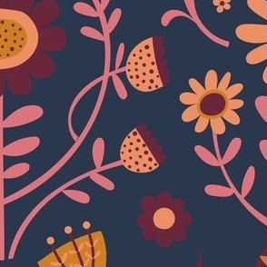 Arts and Crafts Folk Floral - Desert Sun, Watermelon and wine on Navy - Petal Solid Coordinate