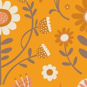Arts and Crafts Folk Floral - Desert Sun, mocha and ivory on Clementine - Desert Sun Petal Solid Coordinate