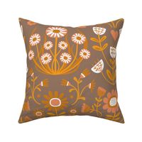 Arts and Crafts Folk Floral - Desert Sun, peach and clementine on Mocha - Mocha Petal Solid Coordinate