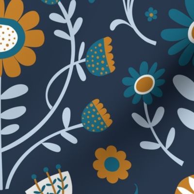 Arts and Crafts Folk Floral - Desert , fog and Teal on Navy - Petal Solid Coordinate