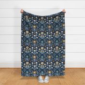 Arts and Crafts Folk Floral - Desert , fog and Teal on Navy - Petal Solid Coordinate