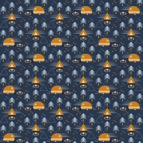 Cozy Camping / Outdoors / Geometric / Tent Retro Camper Caravan / Trees Forest / Navy Orange / Small