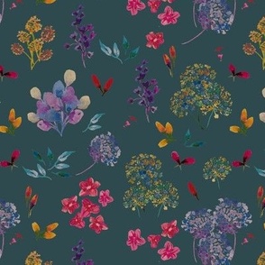 Pom floral on forest- purple, pink, green 