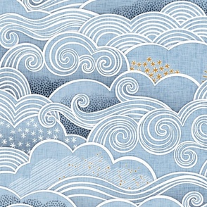 Cozy Clouds Extra Large- Golden Sun Over the Clouds- Sky Blue- Fog Blue- Light Blue- Navy- Home Decor- Wallpaper- Large Scale