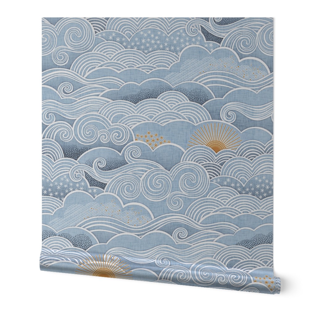 Cozy Clouds Large- Golden Sun Over the Clouds- Sky Blue- Fog Blue- Light Blue- Navy- Home Decor- Wallpaper- Large Scale
