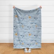 Cozy Clouds Large- Golden Sun Over the Clouds- Sky Blue- Fog Blue- Light Blue- Navy- Home Decor- Wallpaper- Large Scale