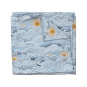 Cozy Clouds Large- Golden Sun Over the Clouds- Sky Blue- Fog Blue- Light Blue- Navy- Home Decor- Wallpaper- Large Scale