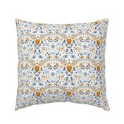 Deers, rabbits, butterflies, and birds surrounded by botanicals in scandinavian blue and gold