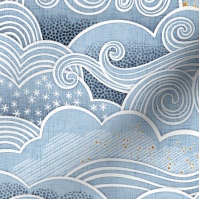 Cozy Clouds Medium- Golden Sun Over the Clouds- Sky Blue- Fog Blue- Light Blue- Navy- Home Decor- Wallpaper