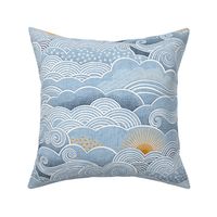 Cozy Clouds Medium- Golden Sun Over the Clouds- Sky Blue- Fog Blue- Light Blue- Navy- Home Decor- Wallpaper