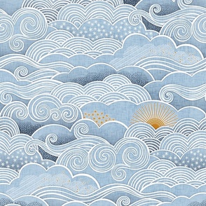 Cozy Clouds Medium- Golden Sun Over the Clouds- Sky Blue- Fog Blue- Light Blue- Navy- Home Decor- Wallpaper