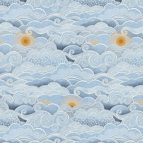 Cozy Clouds Small- Golden Sun Over the Clouds- Sky Blue- Fog Blue- Light Blue- Navy- Home Decor- Small Scale