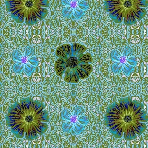 12" Hand painted Olive/Aqua Exotic Floral on Ikat Batik