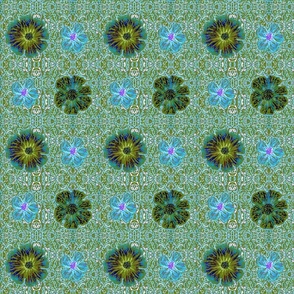 6" MINI Hand painted Olive/Aqua Exotic Floral on Ikat Batik