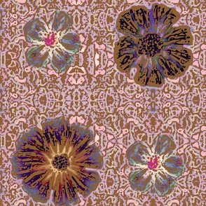 24" LARGE Hand painted Mauve/Indigo Exotic Floral on Ikat Batik