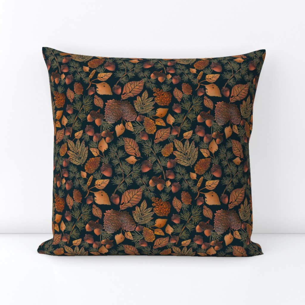 Brown Acorns and pine cones with dark blue background