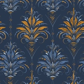 (M) Cozy Folk Floral / Orange and Blue Motifs on Navy / Detailed Hand-Drawn Floral Damask / coordinates with Navy, Desert Sun, Fog petalsolids / medium scale