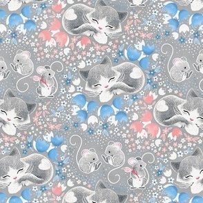 Cozy Cat and Careful Mice - pink and blue flowers  