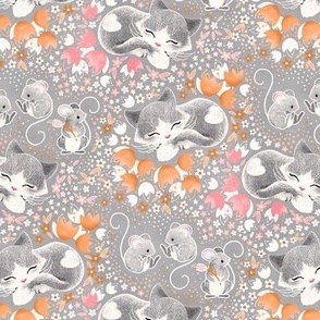 Cozy Cat and Careful Mice - pink and orange flowers
