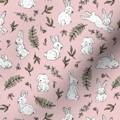 Hello spring garden sweet bunnies and leaves  kids nursery animals in sage green on blush pink
