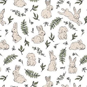 Hello spring garden sweet bunnies and leaves  kids nursery animals in sage green beige on white