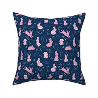 Hello spring garden sweet bunnies and leaves  kids nursery animals pink on navy blue girls