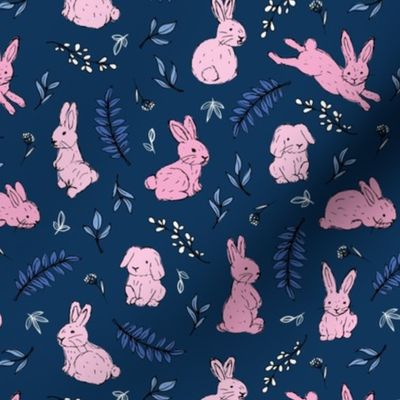 Hello spring garden sweet bunnies and leaves  kids nursery animals pink on navy blue girls