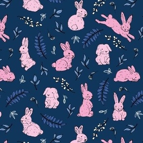 Hello spring garden sweet bunnies and leaves  kids nursery animals pink on navy blue girls